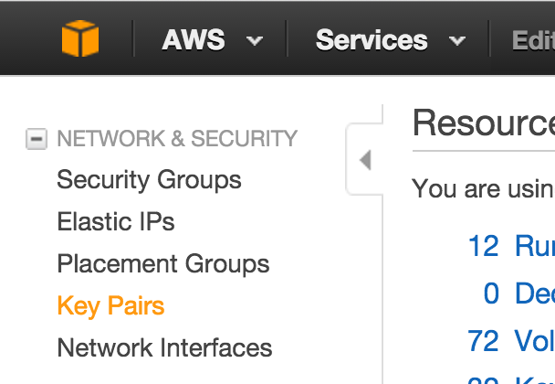 AWS key pairs section in console